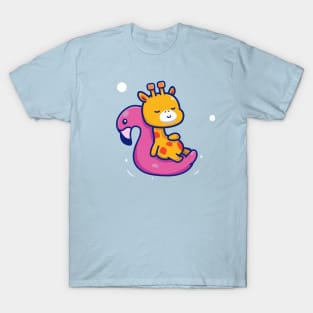 Cute Giraffe Floating With Swimming Flamingo Cartoon T-Shirt